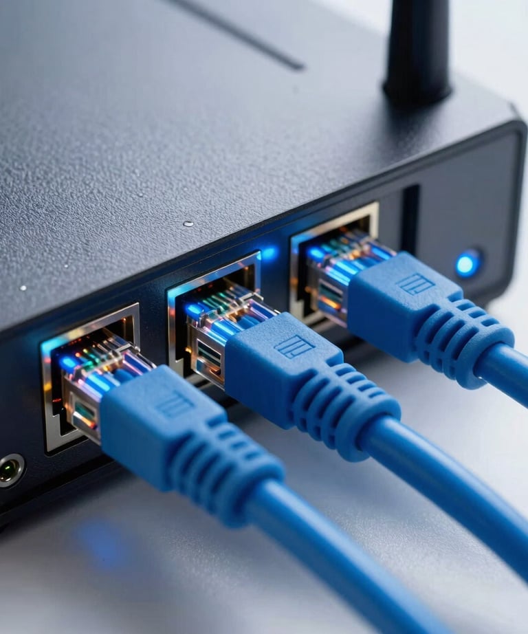 Close-up of a high-speed router with glowing blue network cables plugged in. The focus is on the lights and the quality of the connections, representing speed.