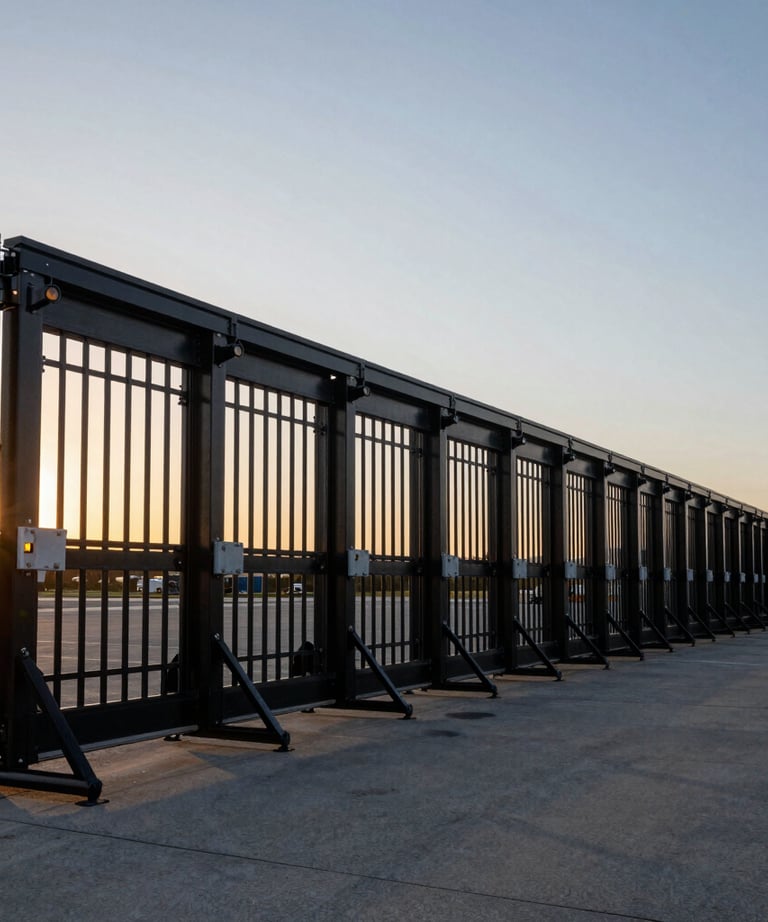 A long, high-security automated gate at the entrance of a logistics hub. The gate is sleek, black, and looks very durable. North American sunset lighting.