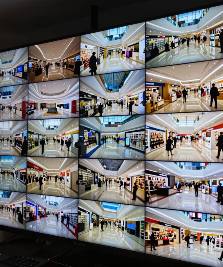 A large multi-camera monitoring screen in a professional security room. Each feed shows different angles of a retail mall. High clarity and detail.