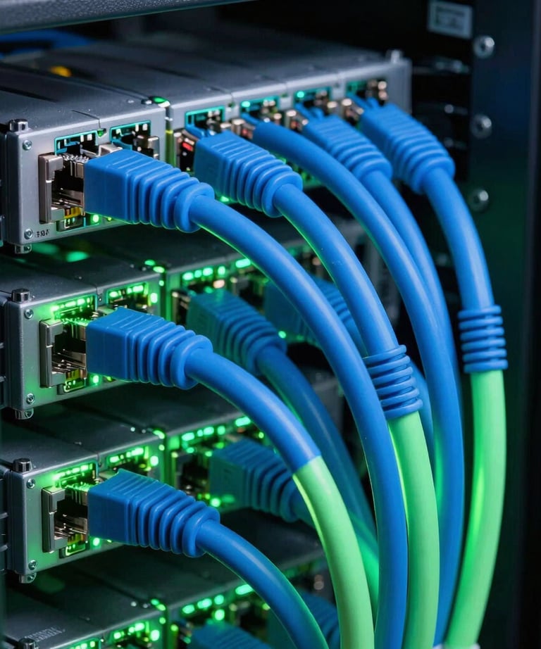 A close-up of a data center cable management system, with neon blue and green glowing cat-6 cables neatly bundled. Representing modern, organized networking.