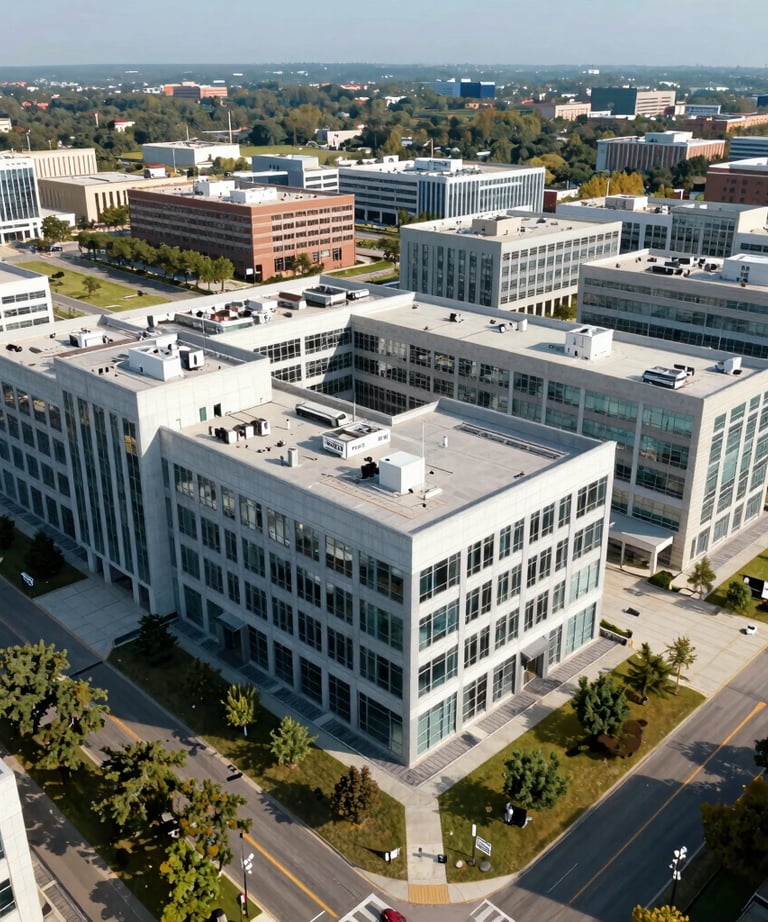 An aerial view of a corporate campus in North America. The scene is bright and highlights the importance of perimeter and facility security in a modern setting.
