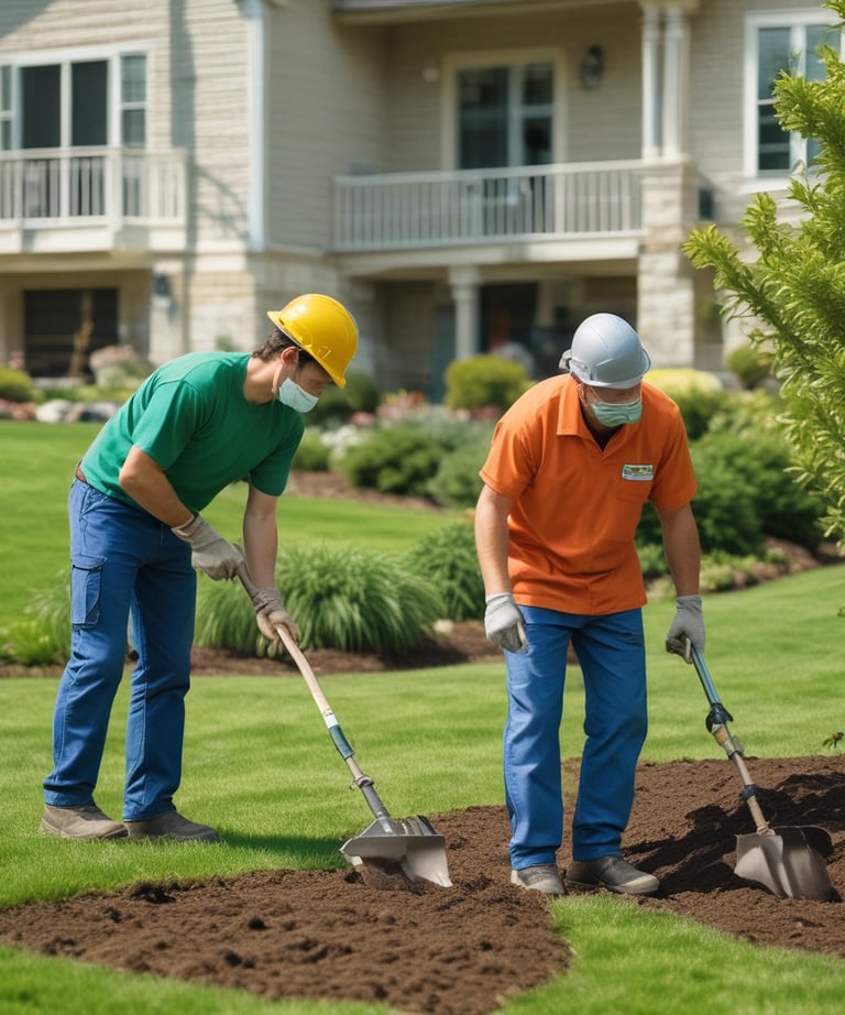 A skilled landscaper planting native desert plants beside a modern home.