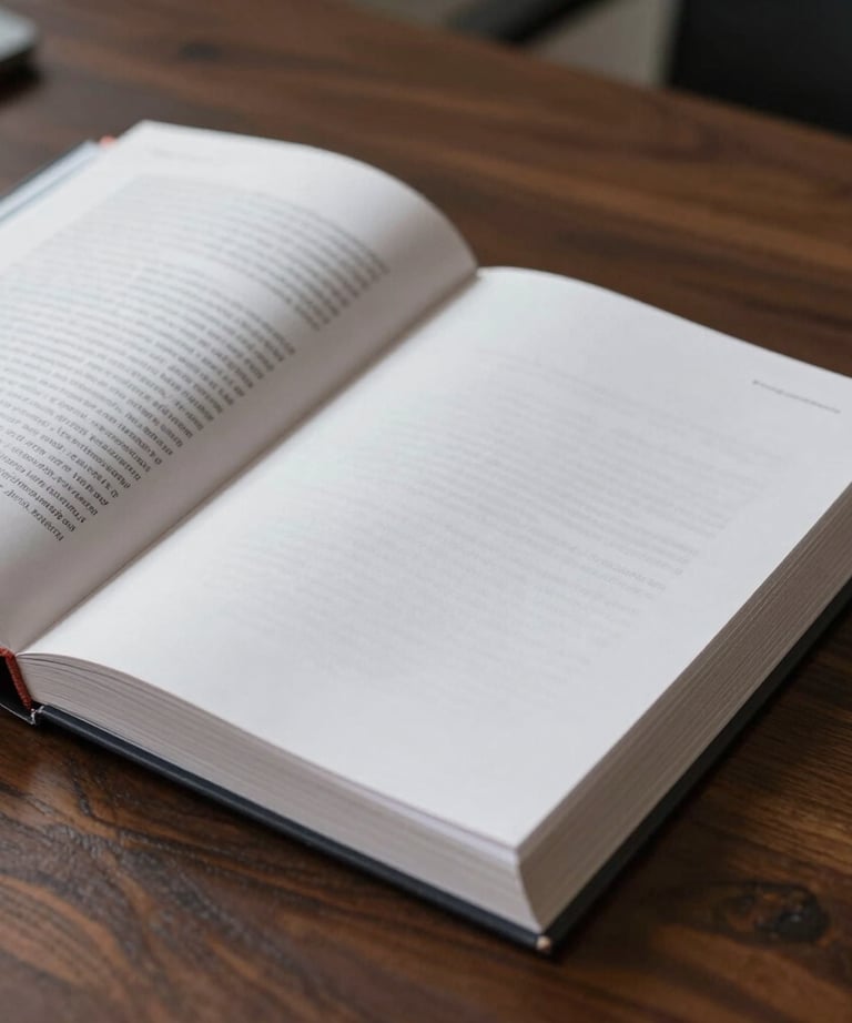 Macro photo of a high-quality brand identity book being opened on a dark wooden table in a dimly lit, professional North American office.