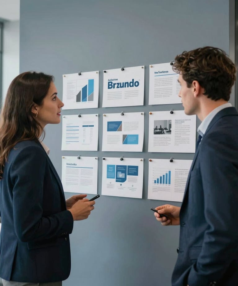 Two professionals in a modern North American office discussing a series of branding concepts pinned to a gray-blue accent wall.