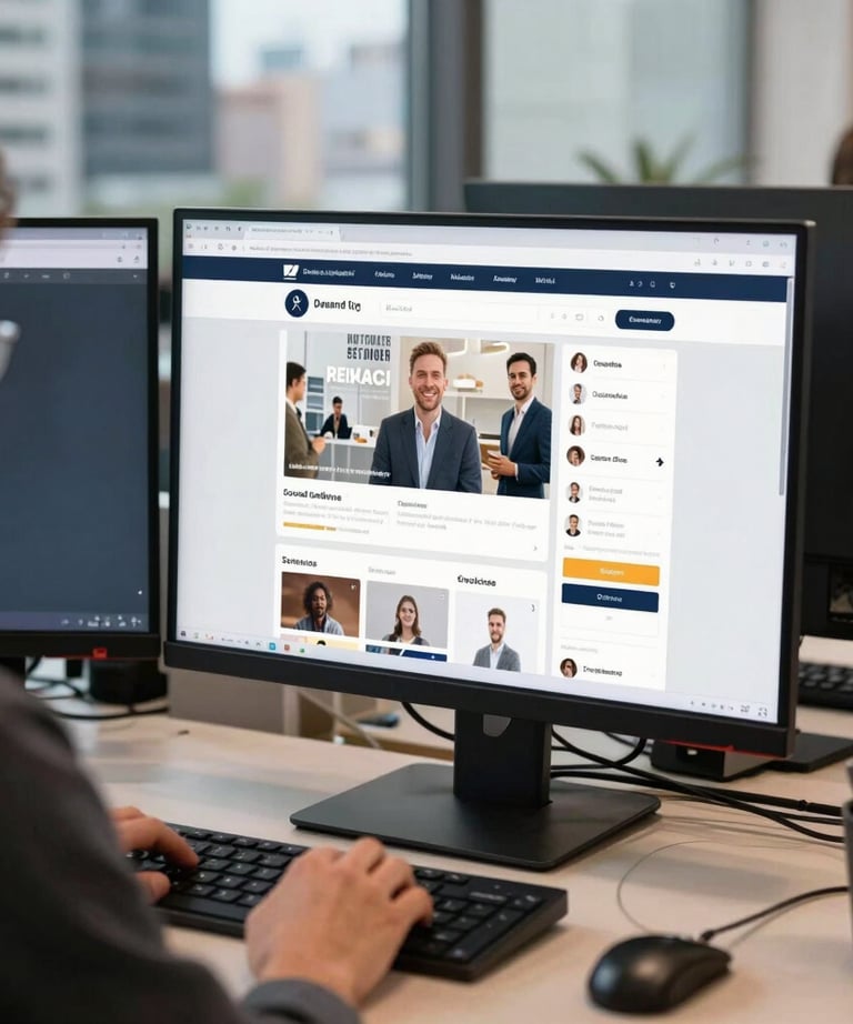 A designer at a desk with two monitors in a North American city office, the screen showing a complex social media campaign layout.