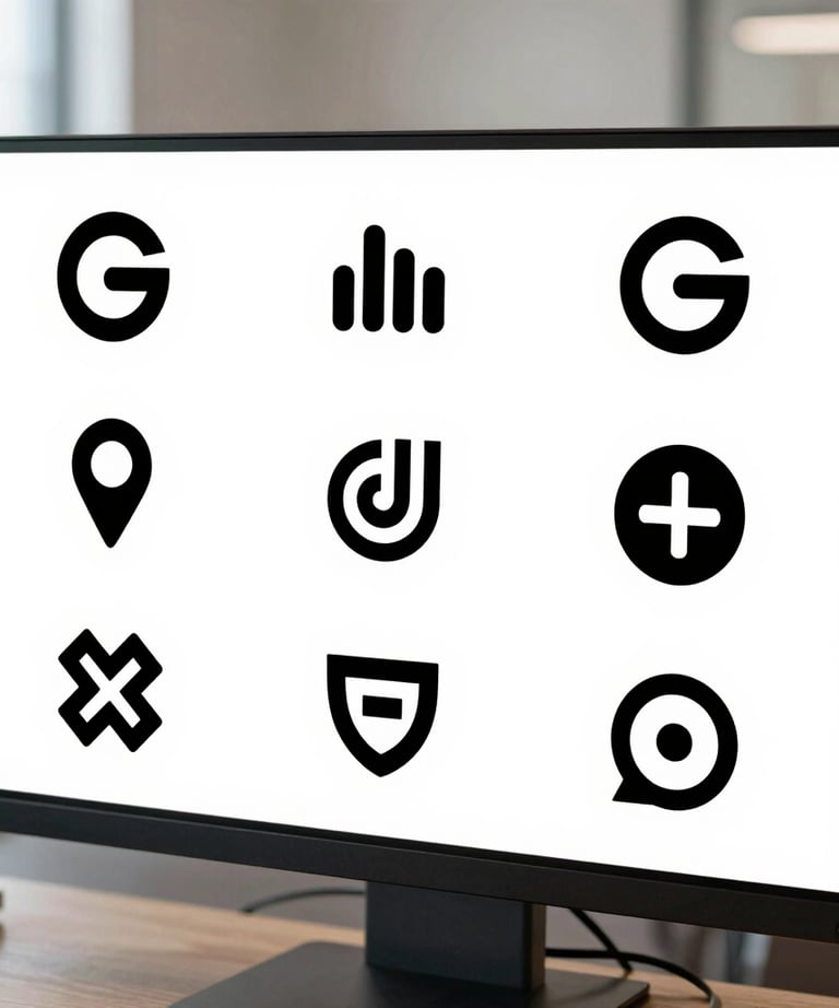 A collection of minimalist logos displayed as a grid on a bright white monitor in a clean, professional North American office space.