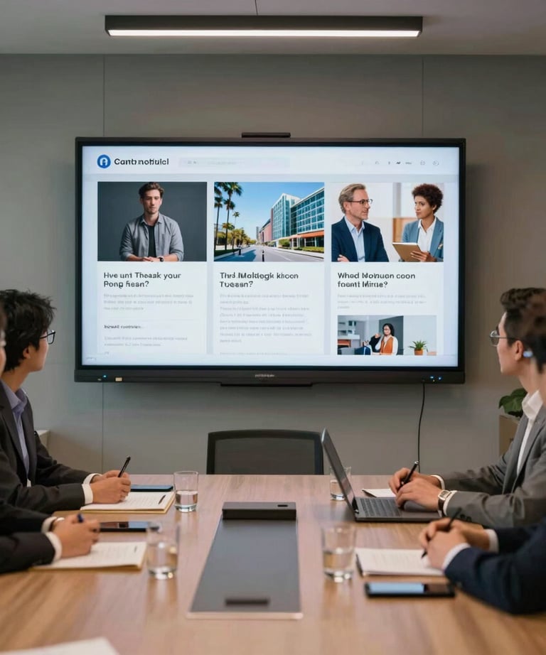 A contemporary meeting room in a North American agency with a large screen showing a high-impact social media creative for a client.