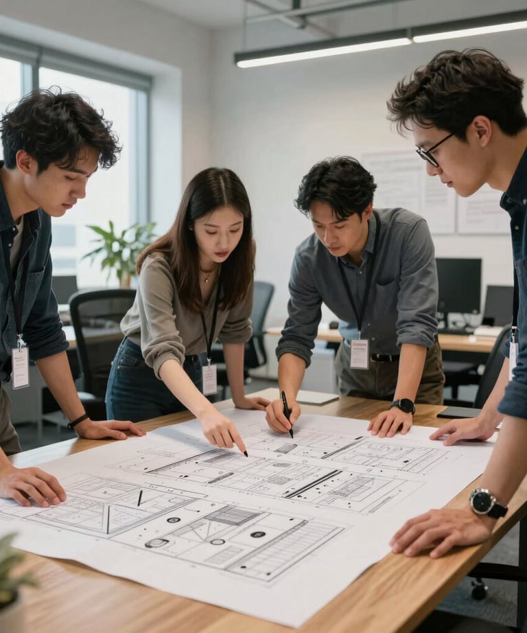 A group of four designers in a creative North American office collaborating on a large physical layout plan for a client's rebrand.