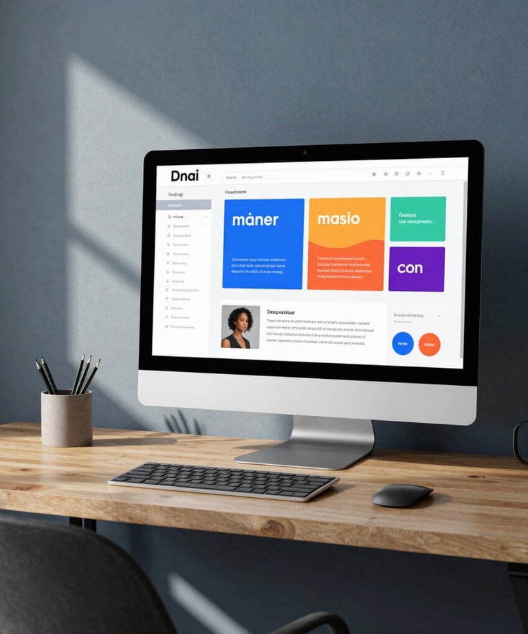 A minimalist workspace in a North American home office featuring a large monitor displaying a colorful brand identity project, soft morning light hitting the slate blue wall.