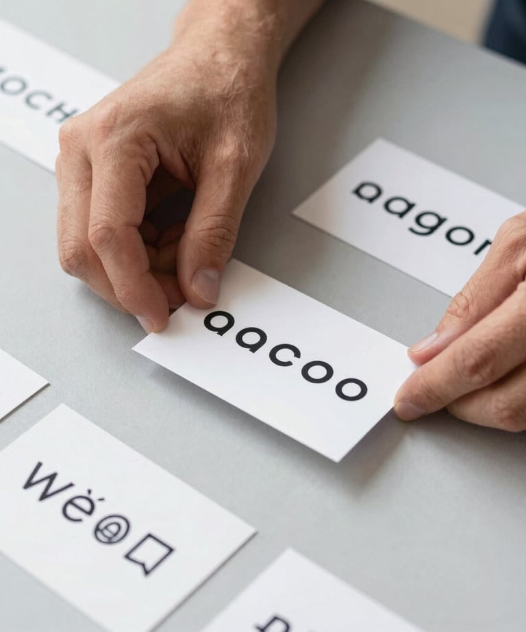 A designer's hands arranging a set of printed brand cards on a light gray surface, showcasing consistent typography and minimalist icons.