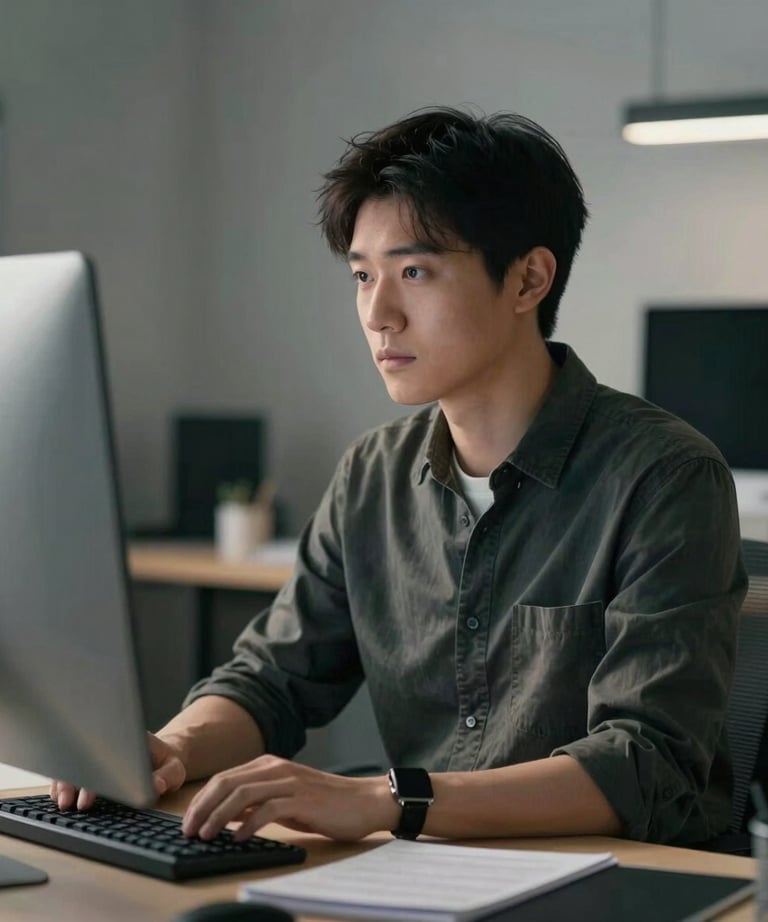 A portrait of a professional graphic designer working at a high-end computer in a modern North American studio, focused expression, cinematic side lighting.