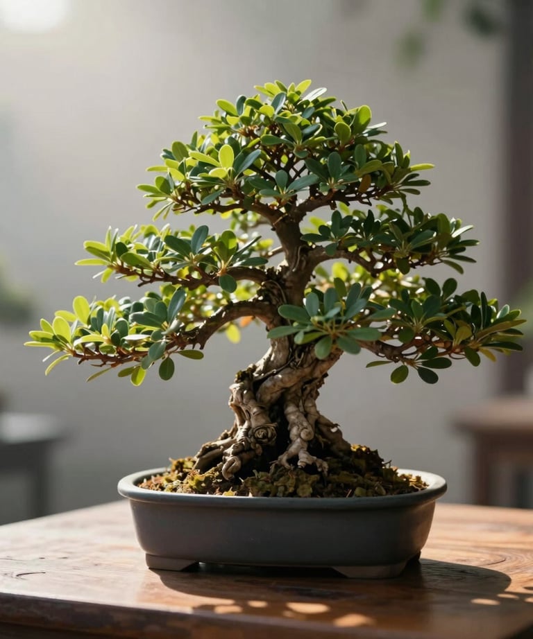 A close-up of a Bonsai tree on a wooden table, perfectly pruned. Soft morning light, very shallow depth of field. Peaceful atmosphere.