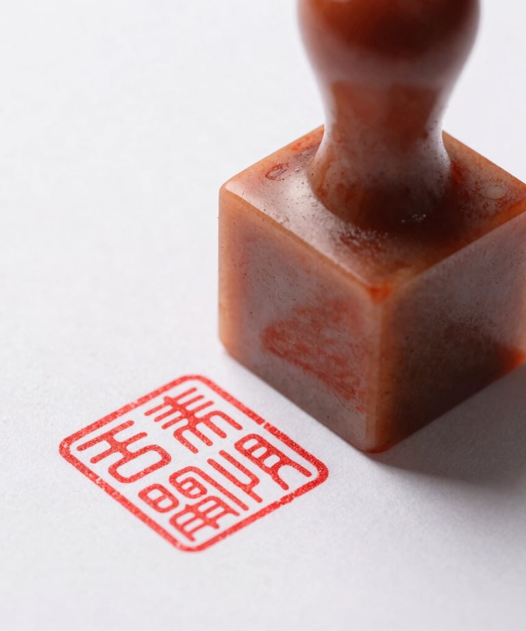 Macro shot of a red ink seal (Hanko) on a white document. Sharp focus, high contrast, clean and professional.