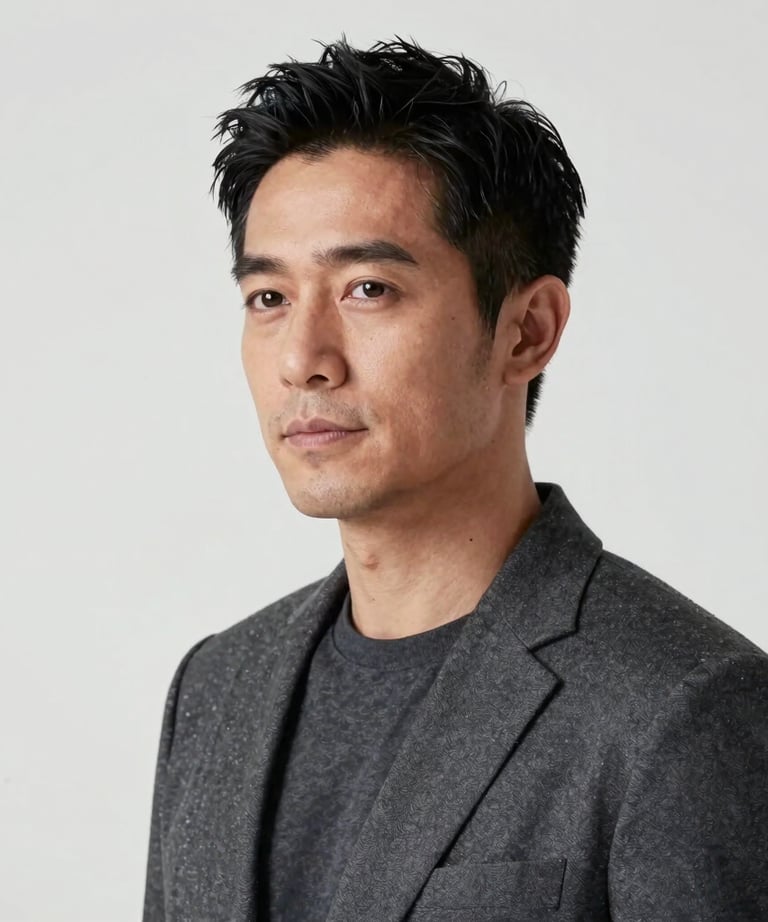 Professional portrait of a man with a serene, strategic look. Minimalist background, high-end photography in charcoal and white tones. Hispanic / Japanese-inspired style.