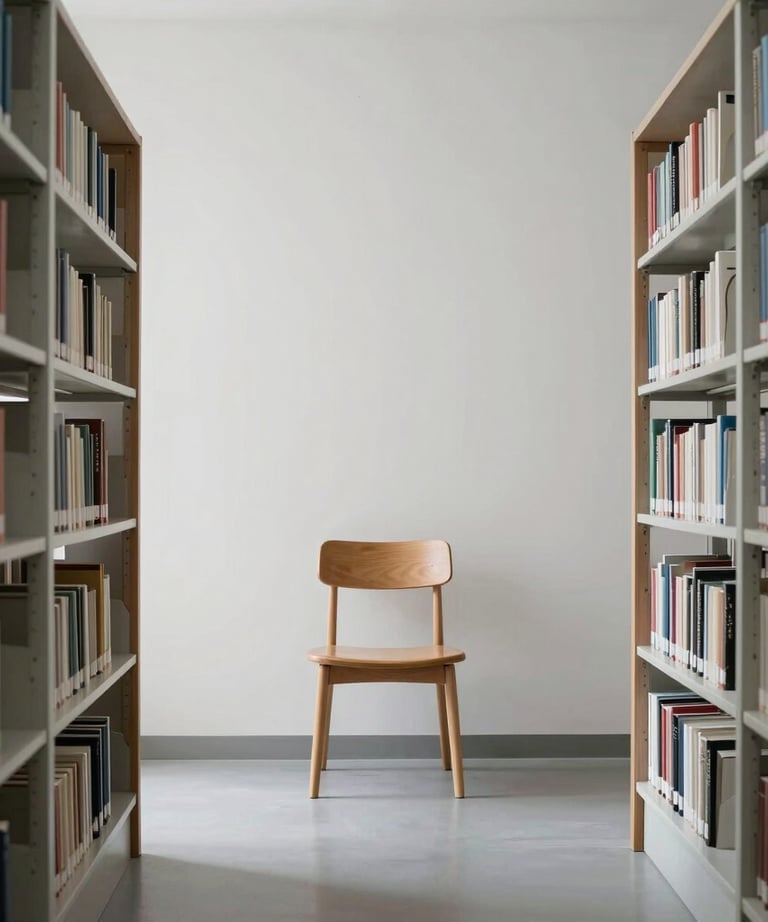A minimalist library with few books and a single wooden chair. Very quiet and scholarly atmosphere. Light gray and white tones.