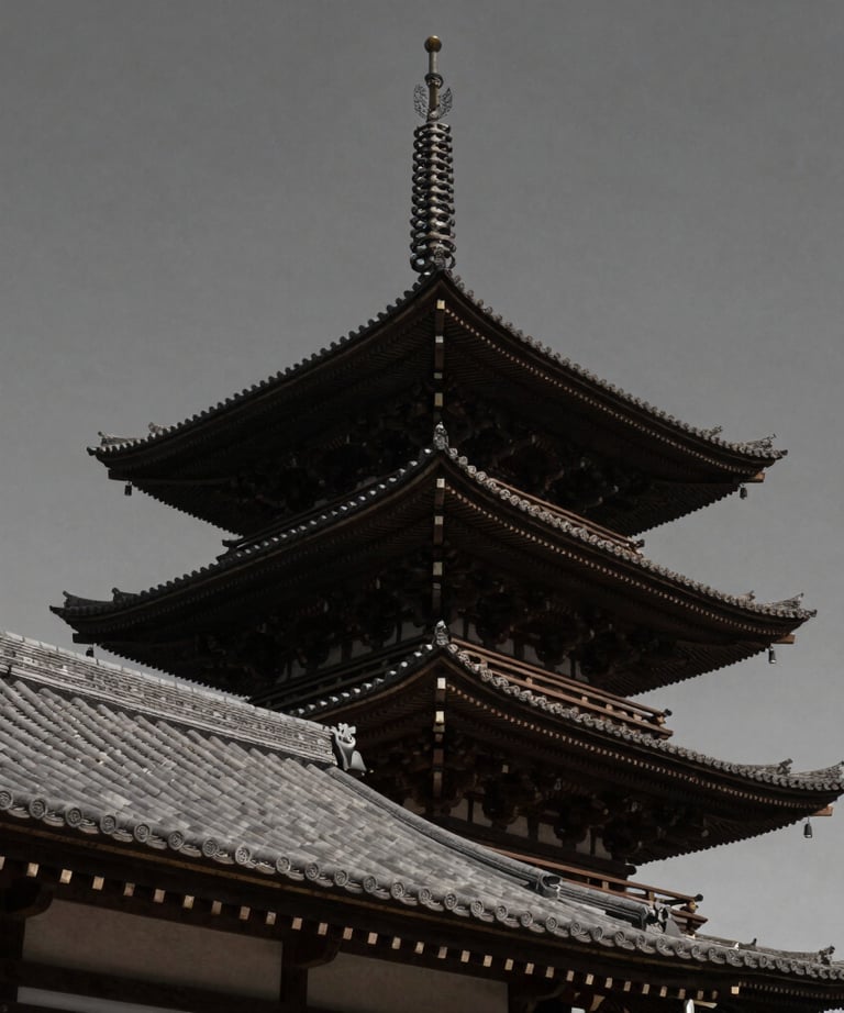 A close-up of a Japanese pagoda roof against a clear, dark gray sky. Architectural precision and history. Muted color palette.