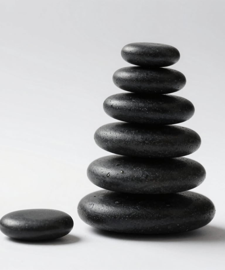 A stack of smooth black stones balanced perfectly on a white surface. Soft light from the side, extreme minimalism.