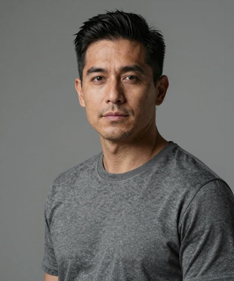 Professional portrait of a man with a confident, calm expression in a minimalist studio. Muted gray attire, soft lighting. Hispanic / Japanese-inspired aesthetic.