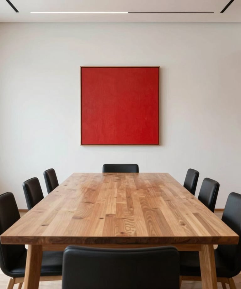A minimalist meeting room with a long wooden table, black chairs, and a single red painting on the wall. Bright and airy. Hispanic / Japanese-inspired design.