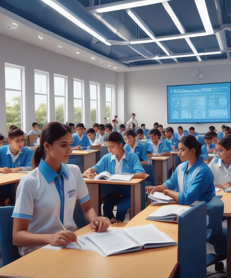 Faculty members interacting warmly with students in a modern classroom at Shivaay Gurukul.
