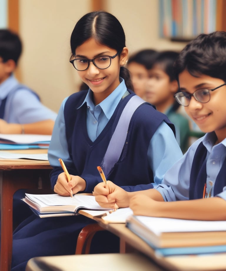 Faculty members interacting warmly with students in a modern classroom at Shivaay Gurukul.
