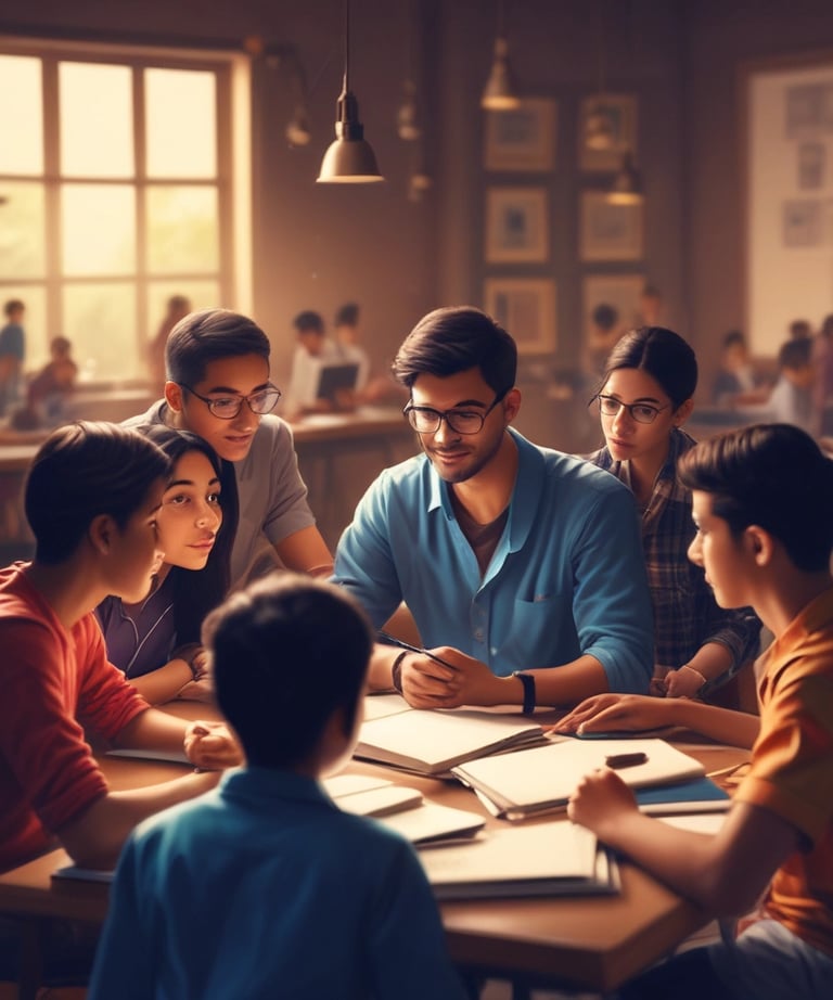 Faculty members interacting warmly with students in a modern classroom at Shivaay Gurukul.