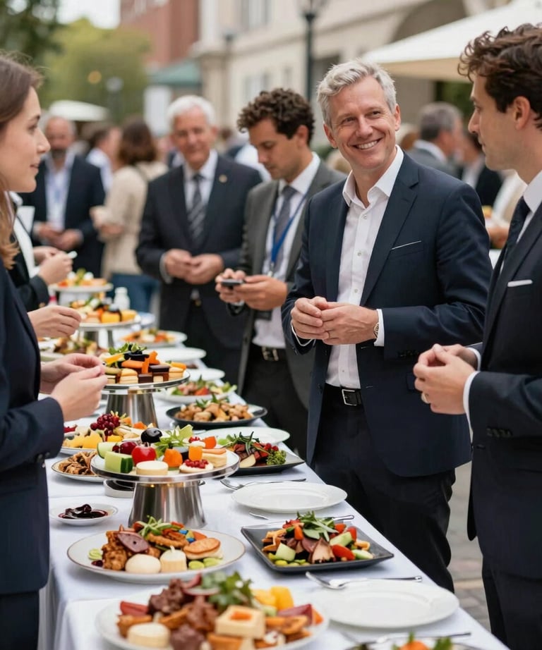 A premium catering event with beautiful street food presentation, happy corporate guests chatting warmly outdoors.