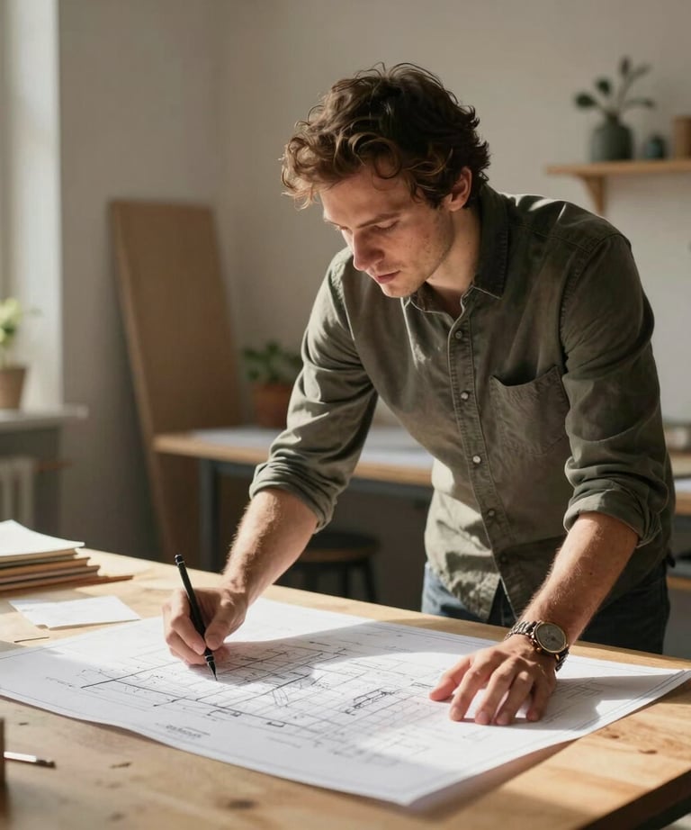 A creative restaurant designer examining blueprint plans in a sunlit warm-toned studio in Germany, smart casual style.