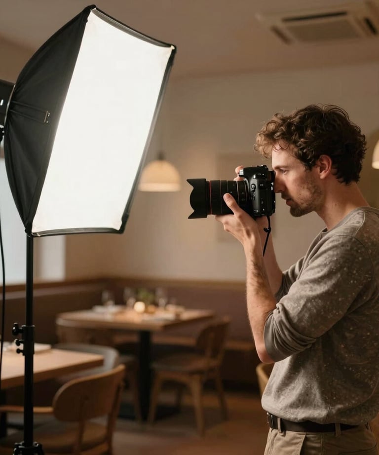 Professional photographer setting up lighting in a beautiful warm culinary restaurant environment in Germany, artistic vibe.
