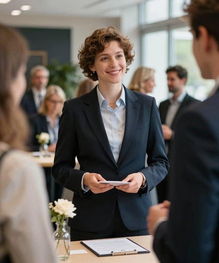 Friendly corporate host welcoming corporate guests at a beautifully organized upscale event in Germany.