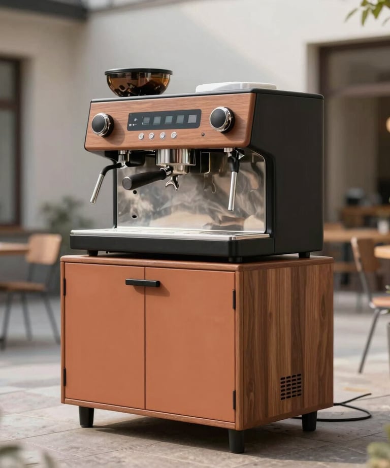 A stylish, compact mobile espresso bar setup in a clean business courtyard in Germany, terracotta and black wood details.