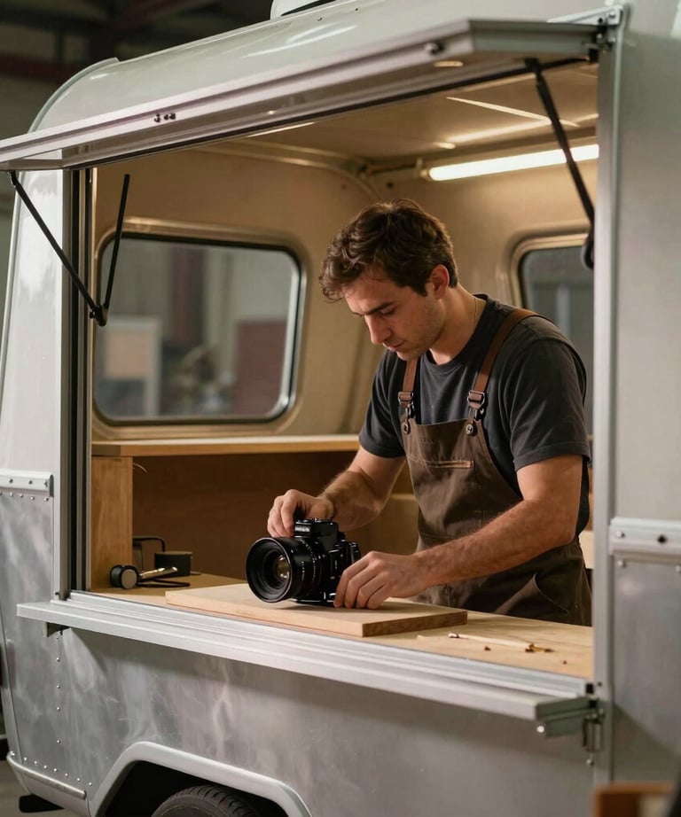An experienced master craftsman working in a warm industrial workshop, building high-end food trailer structures, focused and professional.