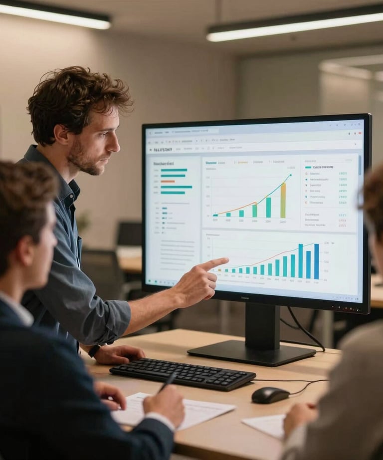 A focused corporate analyst reviewing development data on a high-tech screen in a modern warm meeting room in Germany.