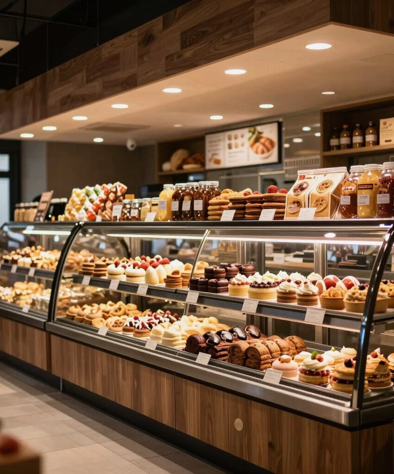 A bustling modern bakery franchise counter in Germany with warm overhead lighting and beautifully organized fresh products.
