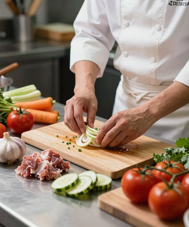 A food preparation area where a master chef is arranging fresh high-quality local ingredients with care.