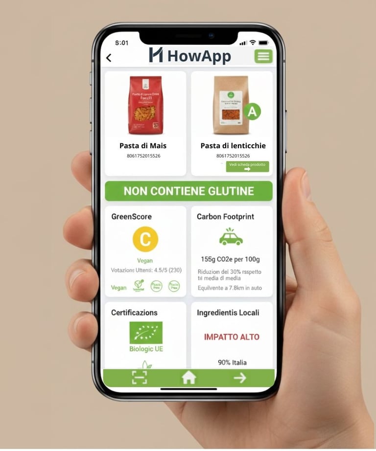 La schermata di un'app che mostra la presenza di glutine e le informazioni sulla sostenibilità.