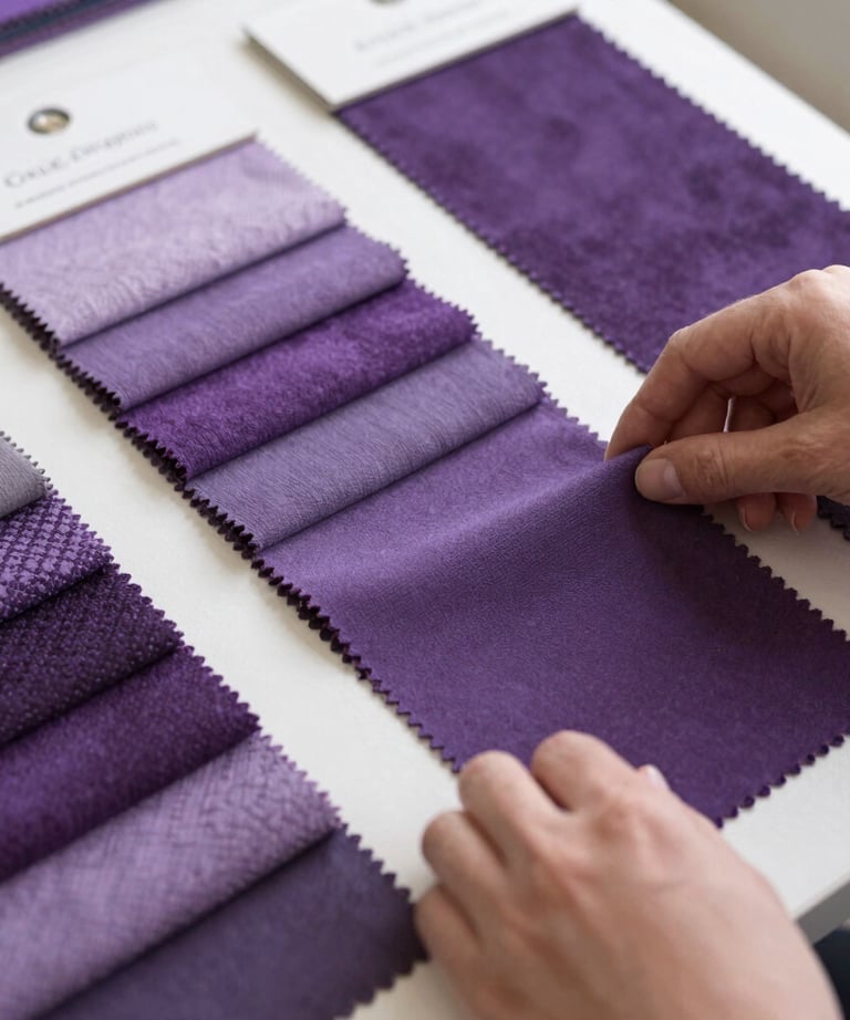 Close-up of hand-selected premium materials and textures arranged thoughtfully on a designer’s table.