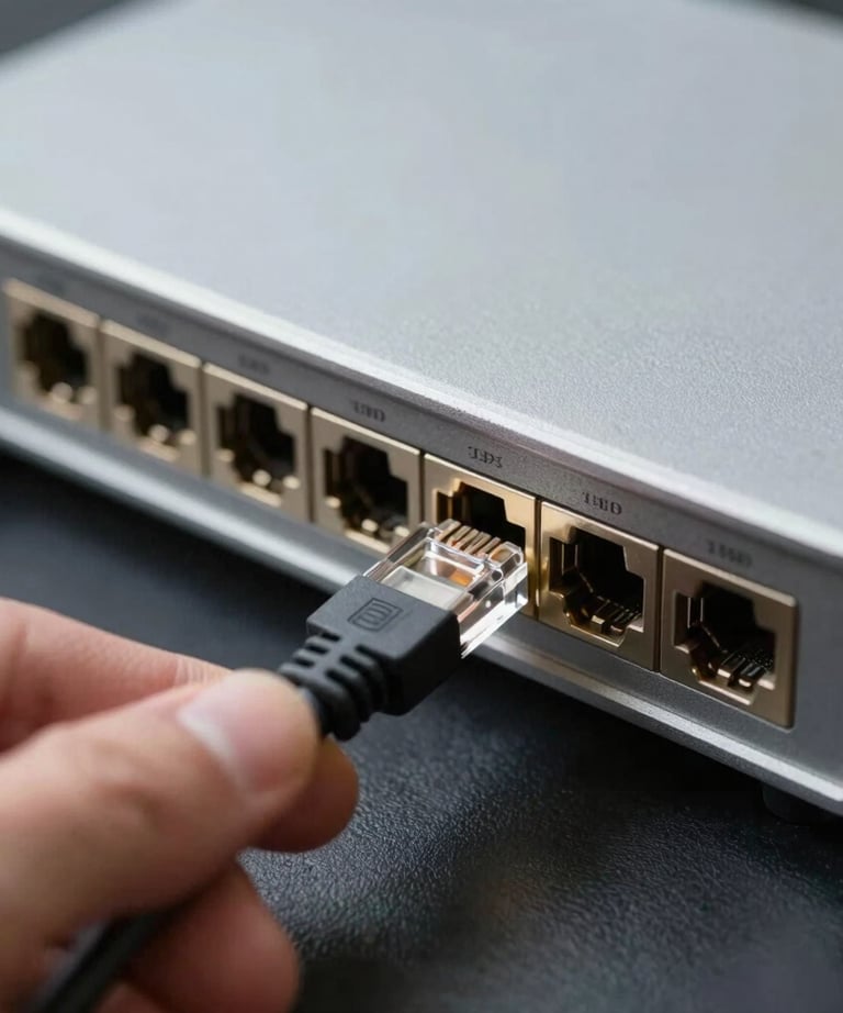 Close-up of hands connecting cables to a home networking router.