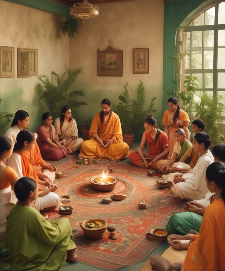 Ayurvedic herbs and natural ingredients arranged artistically on a wooden table.