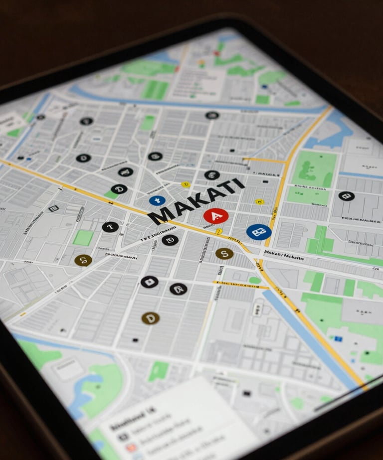 A close-up of a high-resolution tablet screen displaying a beautiful real estate map of Makati, showing property markers and high-end design.