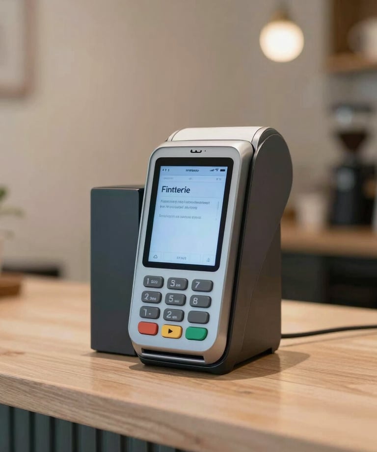 Clean, minimalist product photography of a modern payment terminal in a boutique Manila cafe, reflecting fintech and service integration.
