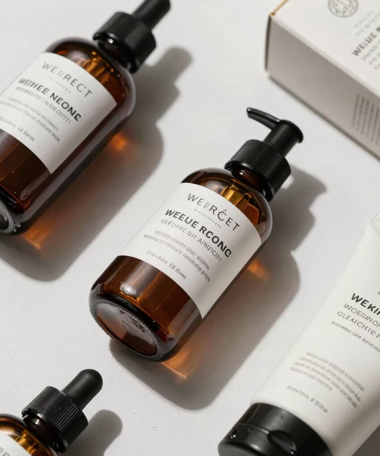 A beautiful flat lay of a high-end wellness product line with professional labels and packaging, shot in a bright, modern studio.