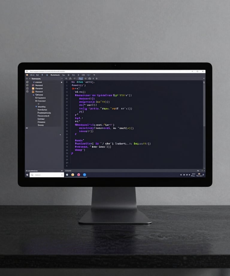A clean, minimalist photo of a computer monitor in a dark room. The screen shows a sophisticated lines of React code with syntax highlighting in purple and white. The surrounding space is tidy and professional.
