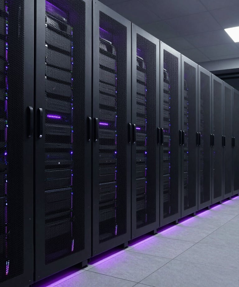 A wide shot of a modern, dark-themed server room with rows of cabinets. Subtle purple accent lights run along the floor, giving it a futuristic and high-tech feel.