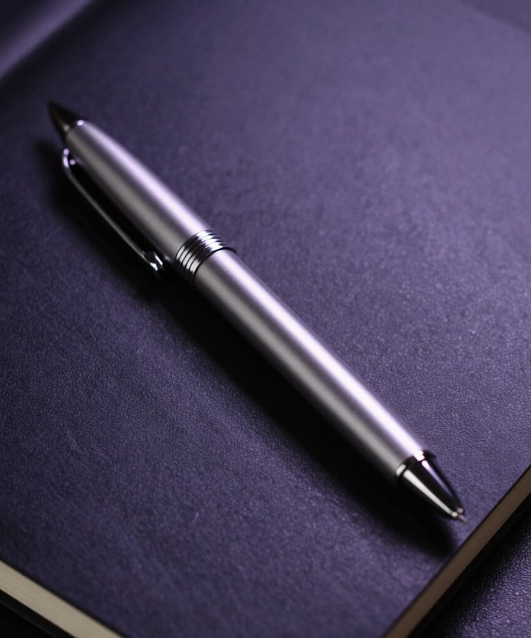 A close-up of a silver designer pen resting on a matte black notebook. The lighting is cool, with a single purple spotlight highlighting the texture of the paper.