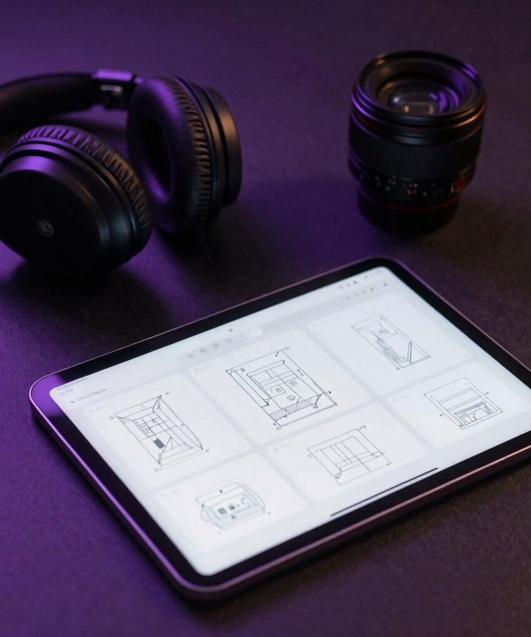 A photography of a tidy workspace featuring a sleek tablet with UI wireframes visible. A pair of professional headphones rests on the side. The lighting is moody with purple accents.