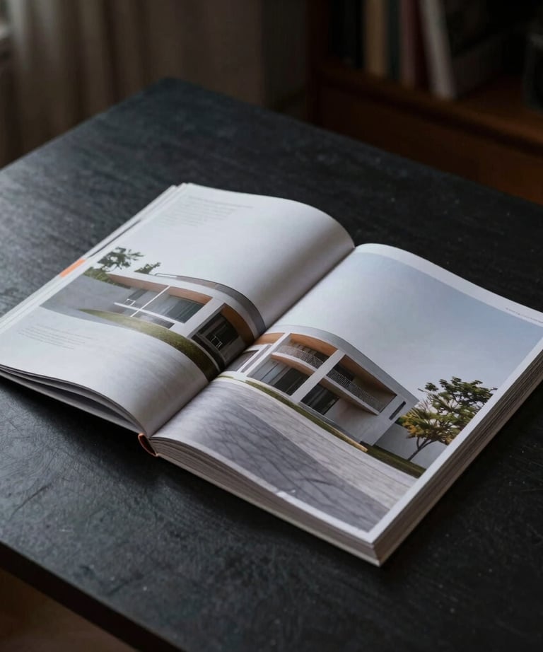 A photograph of an open architectural magazine showing minimalist building designs. The magazine lies on a dark, sleek desk. The lighting is focused and professional.