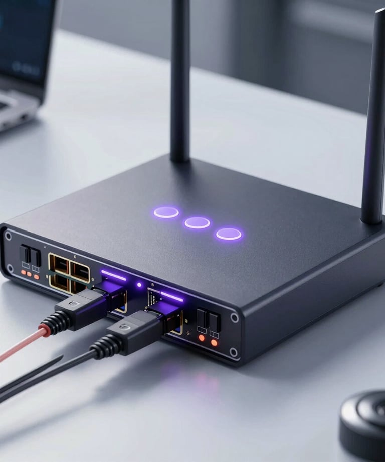 A professional shot of a high-speed fiber optic router with pulsing purple indicators, symbolizing fast loading and connectivity. The setting is a clean, modern tech environment.