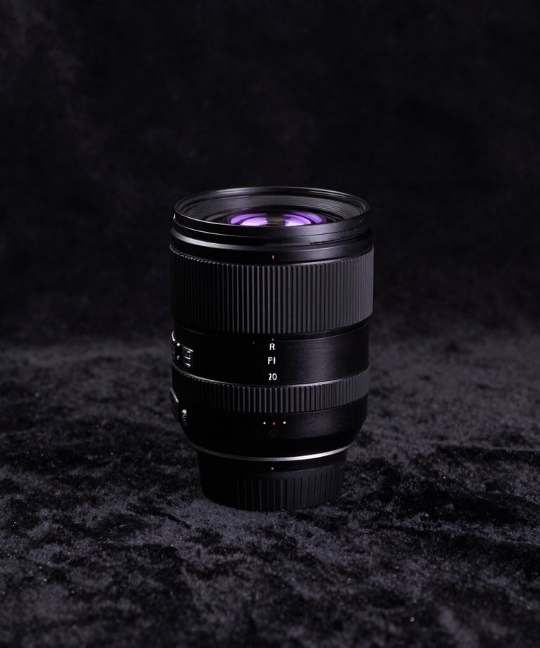 A minimalist studio portrait of a professional-grade camera lens on a black velvet surface. Soft purple light reflects on the glass. The composition is clean and centered.