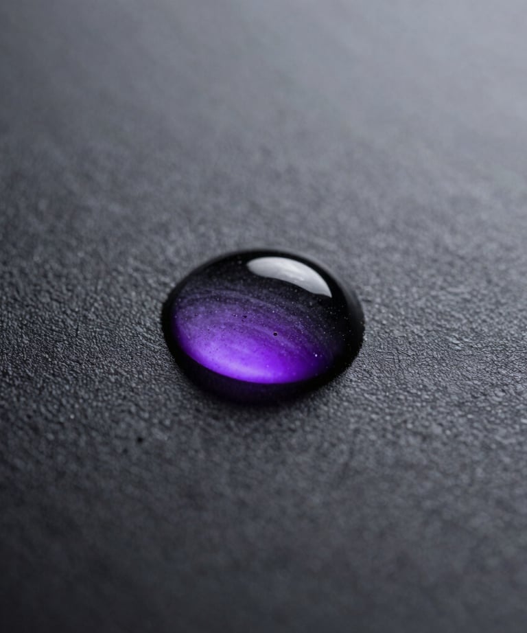 A macro shot of a single drop of water on a black metallic surface, reflecting a purple neon light. It symbolizes clarity, purity, and minimalist design.